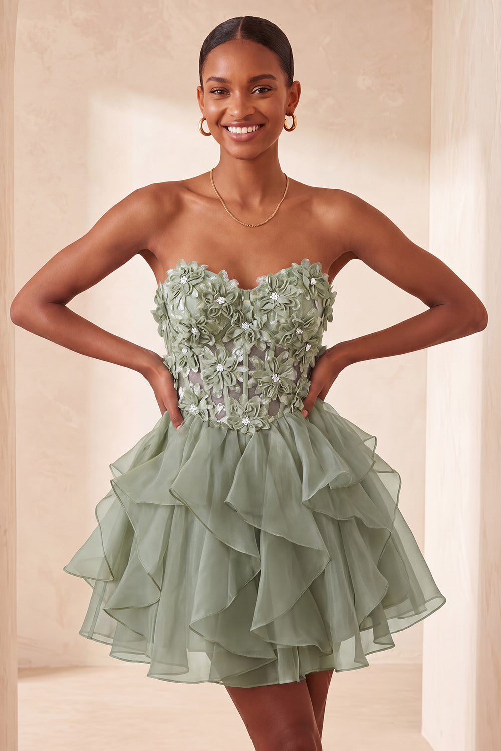 Floral Sage Green Corset Ruffled Short Homcoming Dress
