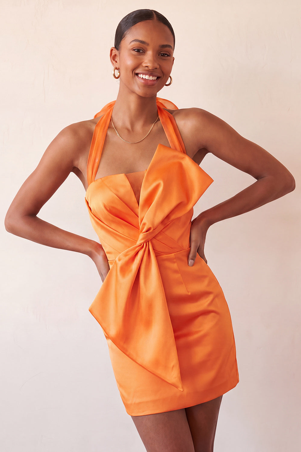 Orange Satin Ruched Tight Short Homecoming Dress with Bow
