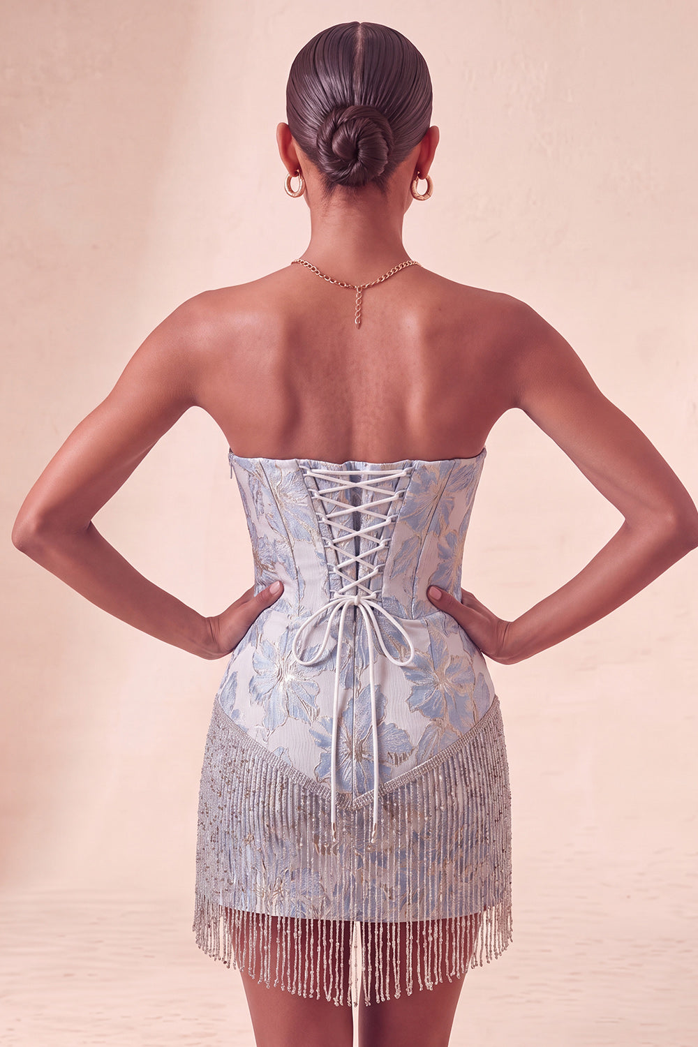 Light Blue Jacquard Tight Short Corset Homecoming Dress with Fringes