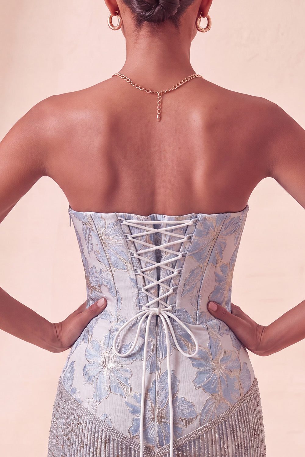 Light Blue Jacquard Tight Short Corset Homecoming Dress with Fringes