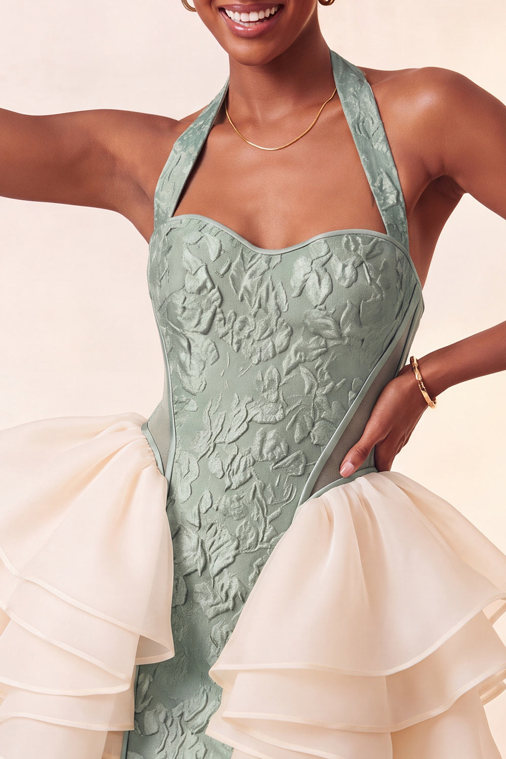 Dusty Sage Jacquard Ruffled Halter Tight Short Homecoming Dress