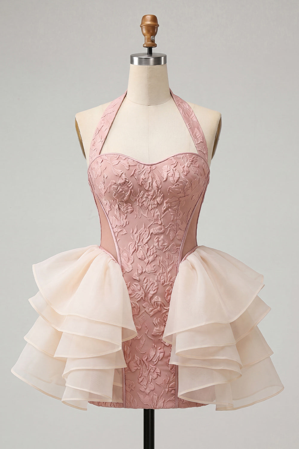 Dusty Sage Jacquard Ruffled Halter Tight Short Homecoming Dress