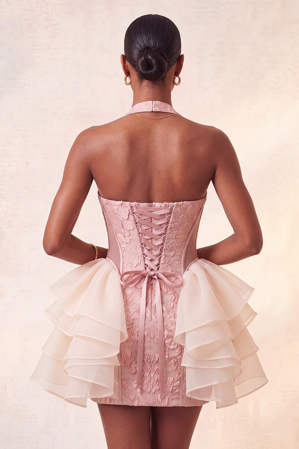 Dusty Sage Jacquard Ruffled Halter Tight Short Homecoming Dress