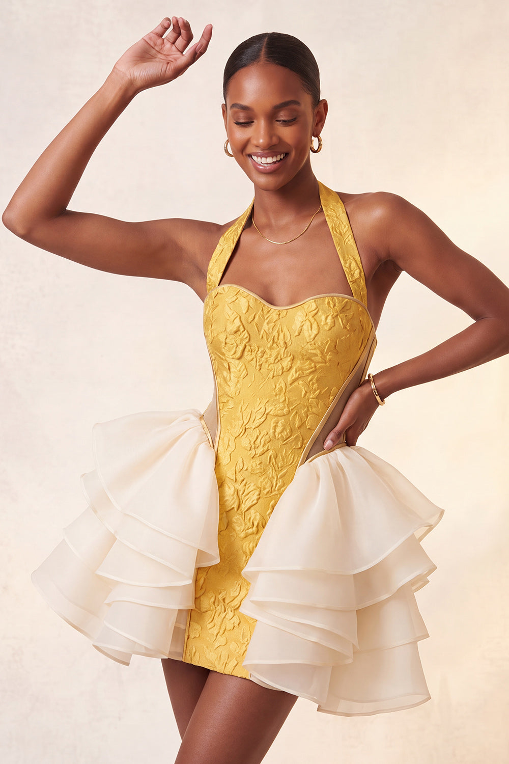 Dusty Sage Jacquard Ruffled Halter Tight Short Homecoming Dress