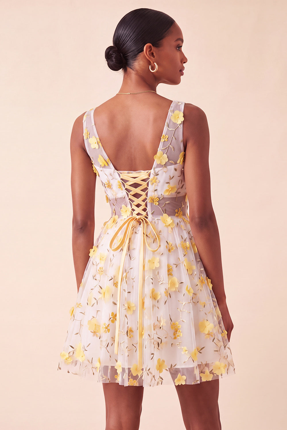 Light Yellow V-Neck A-Line Short Homecoming Dress with 3D Flowers