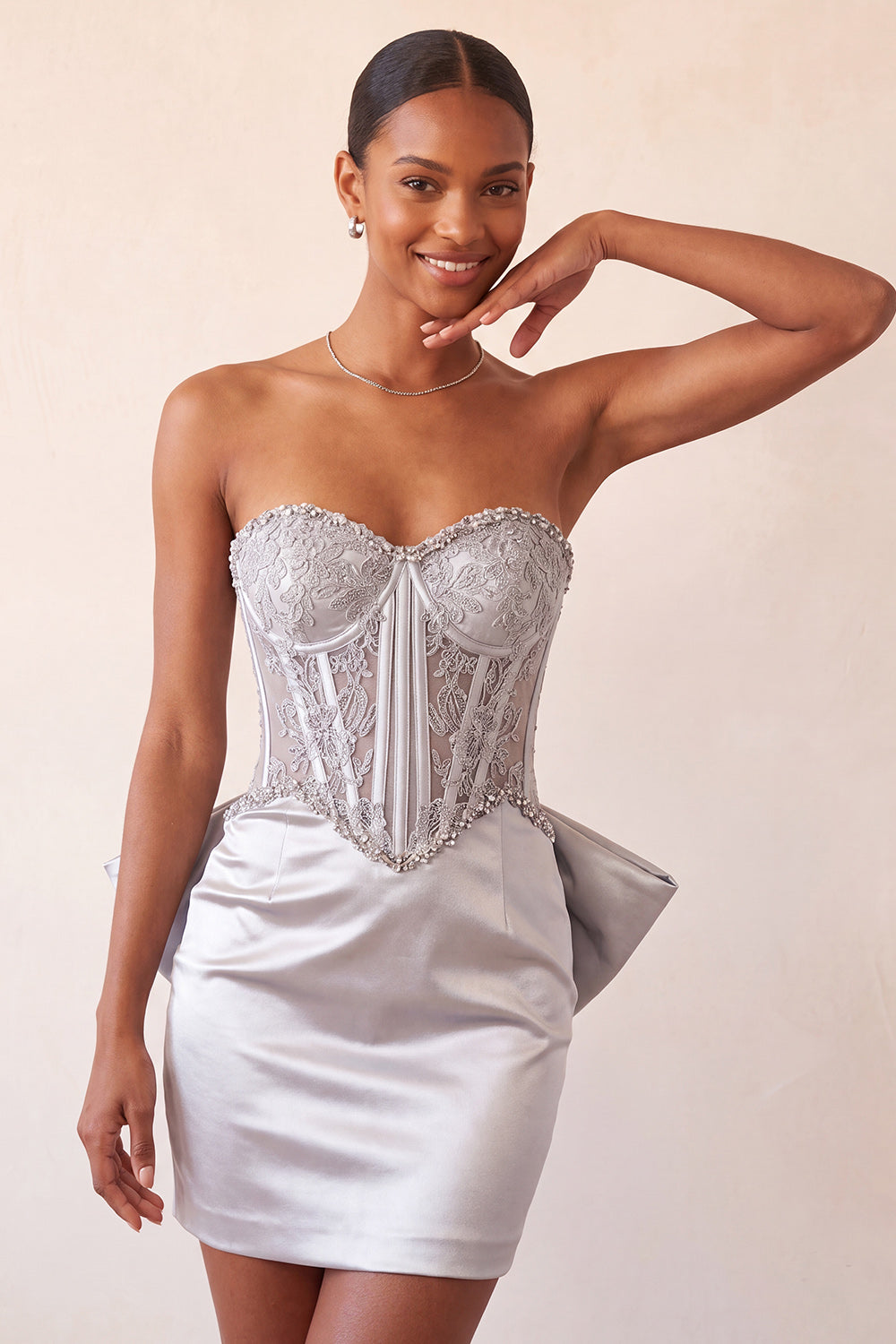Fuchsia Satin Appliqued Tight Short Corset Homecoming Dress with Bow