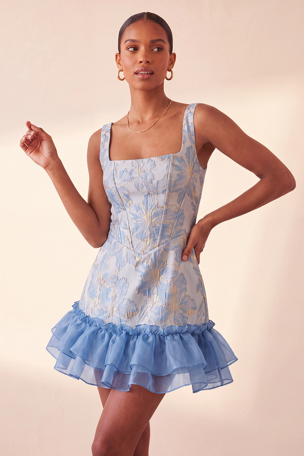 Champagne Jacquard Corset Ruffled A-Line Short Homecoming Dress
