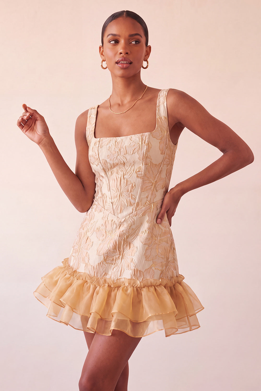 Champagne Jacquard Corset Ruffled A-Line Short Homecoming Dress