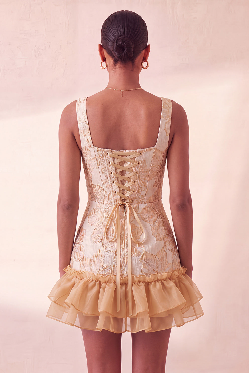 Champagne Jacquard Corset Ruffled A-Line Short Homecoming Dress