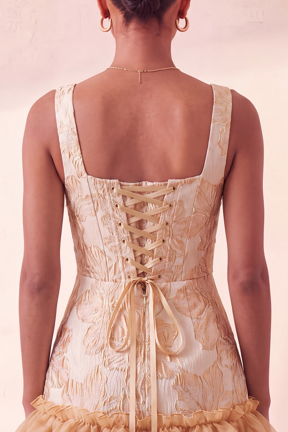 Champagne Jacquard Corset Ruffled A-Line Short Homecoming Dress