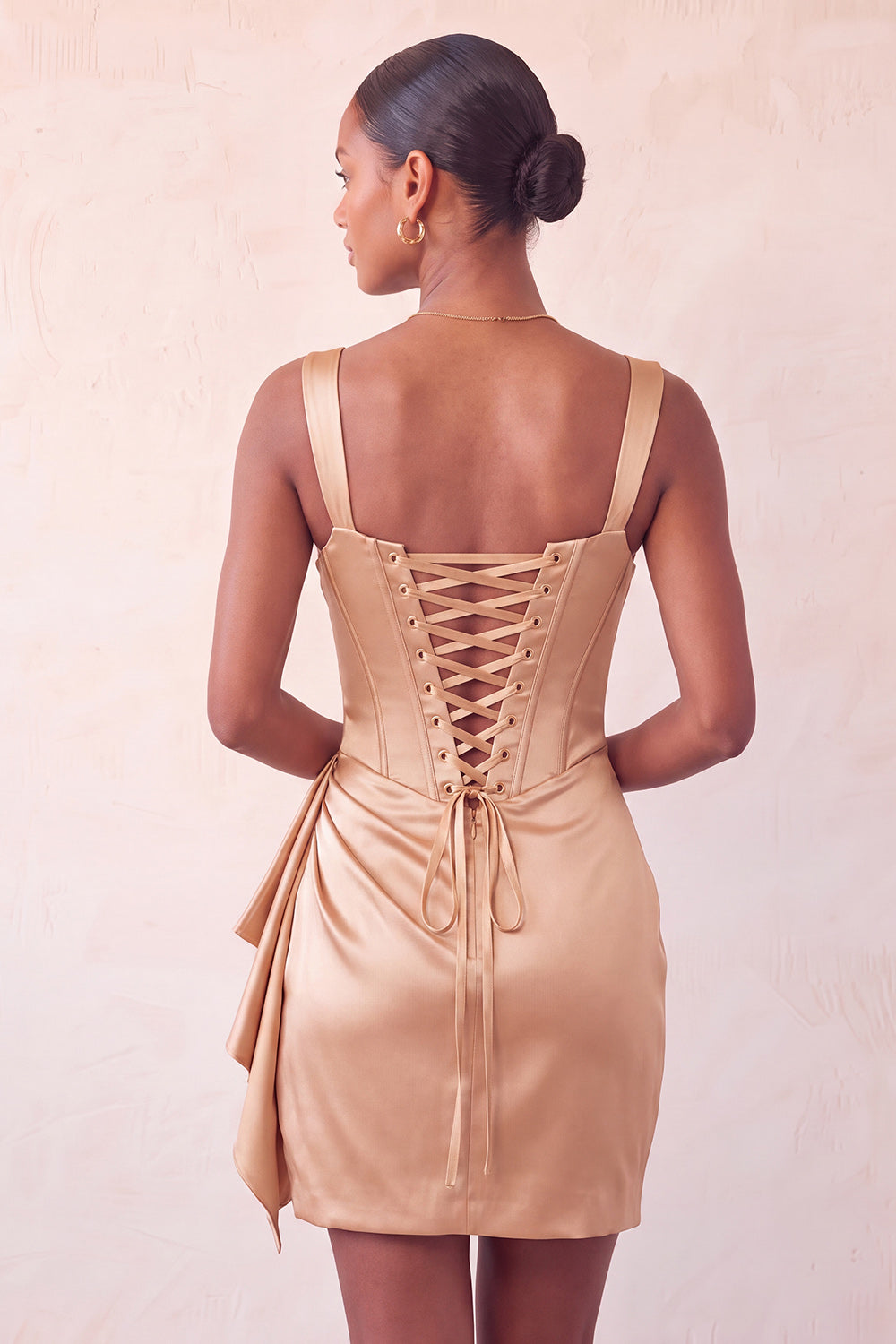 Champagne Satin Beaded Tight Short Corset Homecoming Dress with Sash
