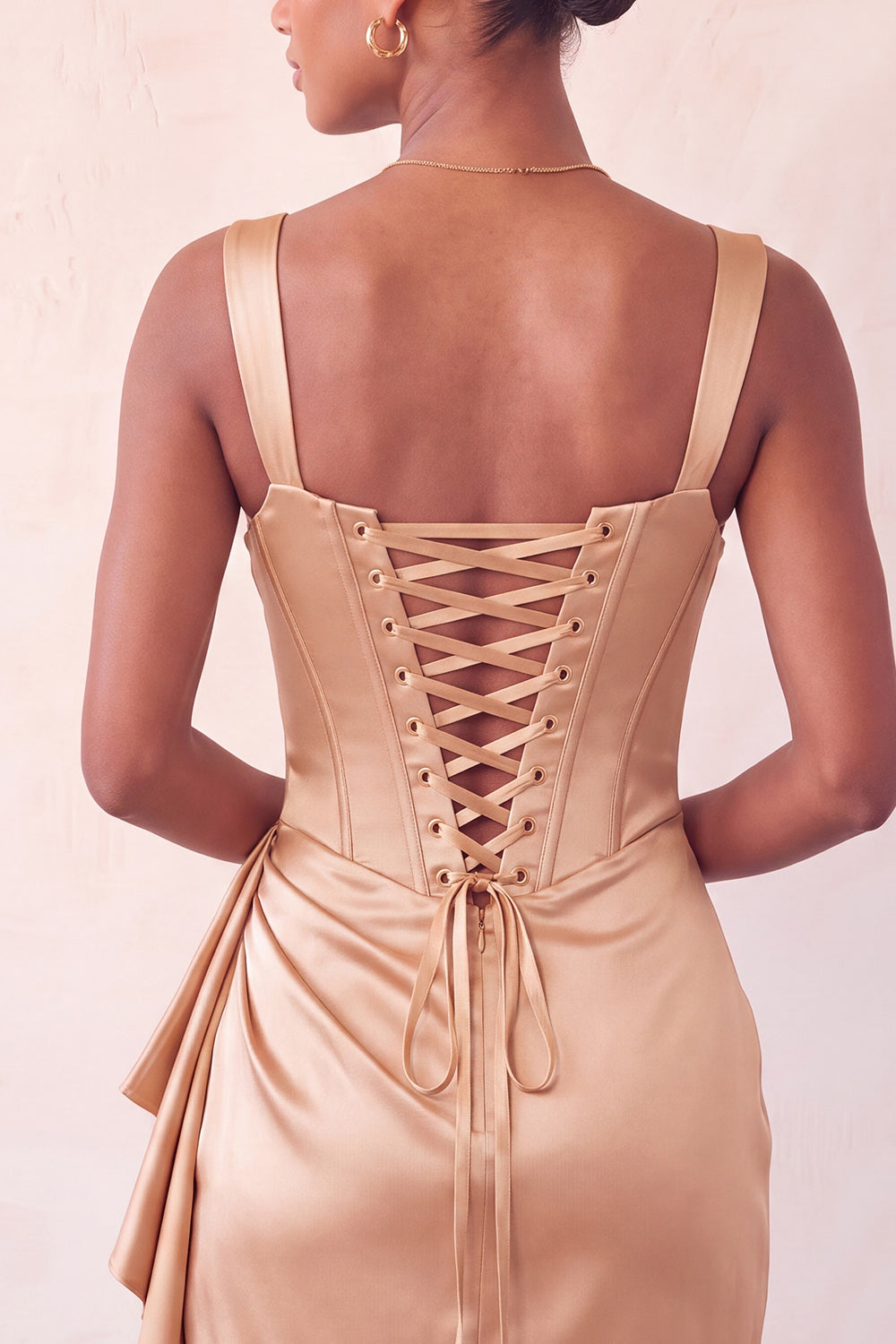 Champagne Satin Beaded Tight Short Corset Homecoming Dress with Sash
