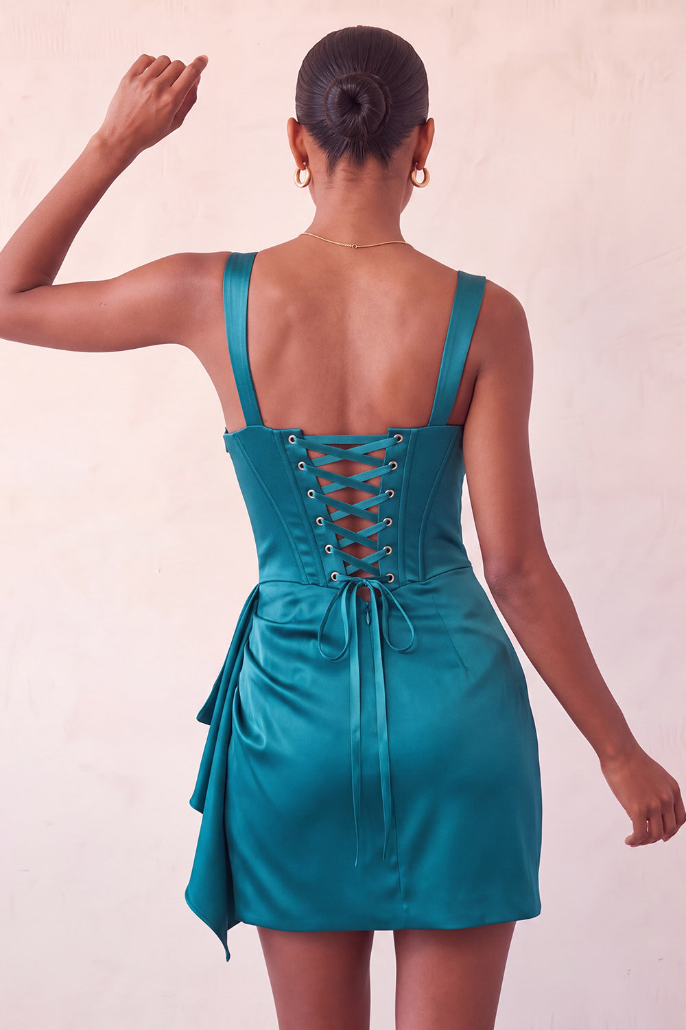 Champagne Satin Beaded Tight Short Corset Homecoming Dress with Sash