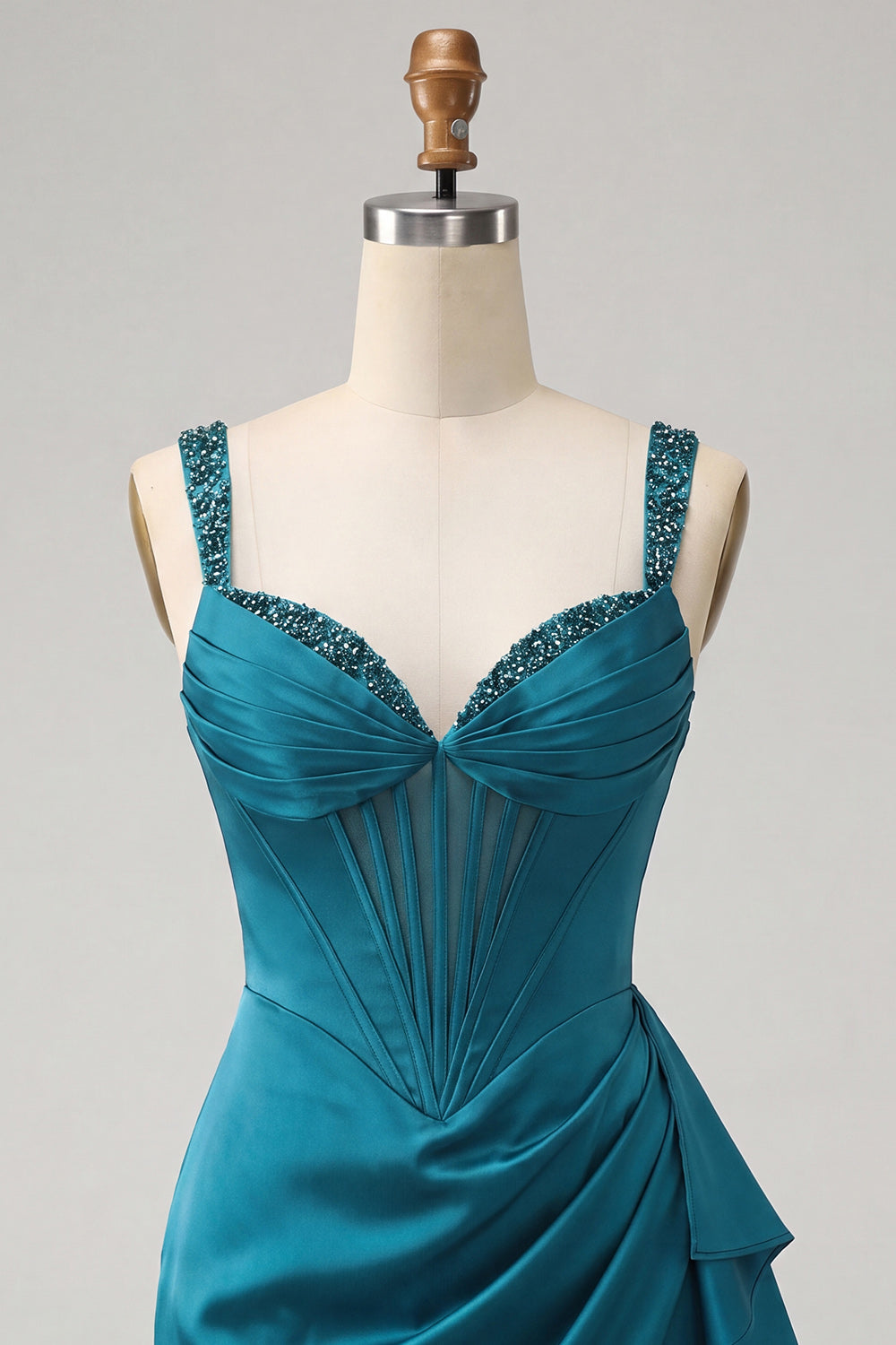 Champagne Satin Beaded Tight Short Corset Homecoming Dress with Sash