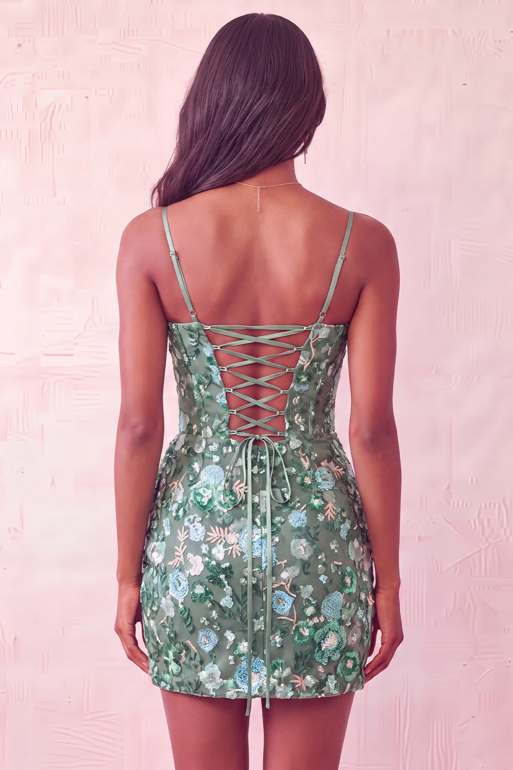 Sparkly Floral Sage Green Sequin Corset Tight Short Homecoming Dress