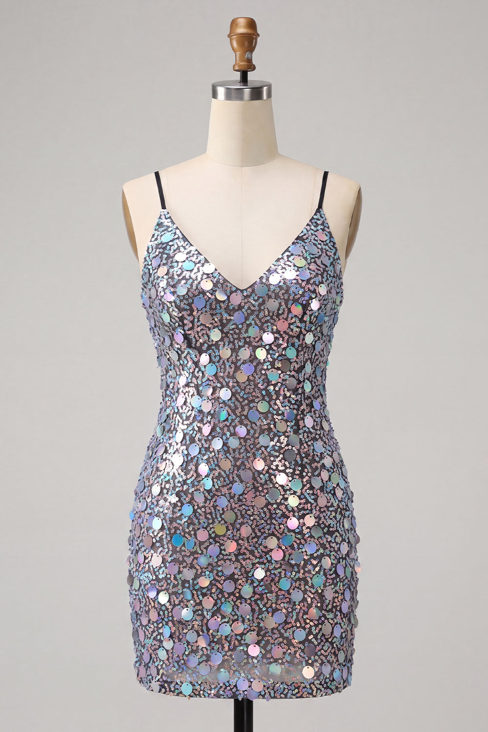 Sparkly Champagne Sequin Spaghetti Straps Tight Short Homecoming Dress