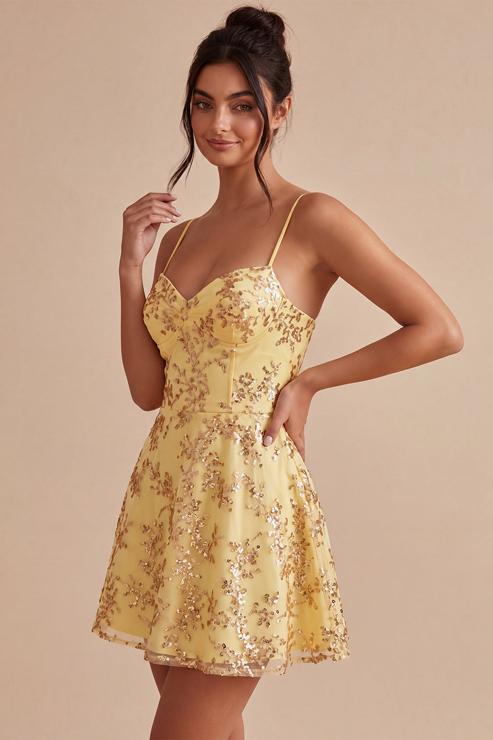 Sparkly Yellow Spaghetti Straps Sequin A-Line Short Homecoming Dress