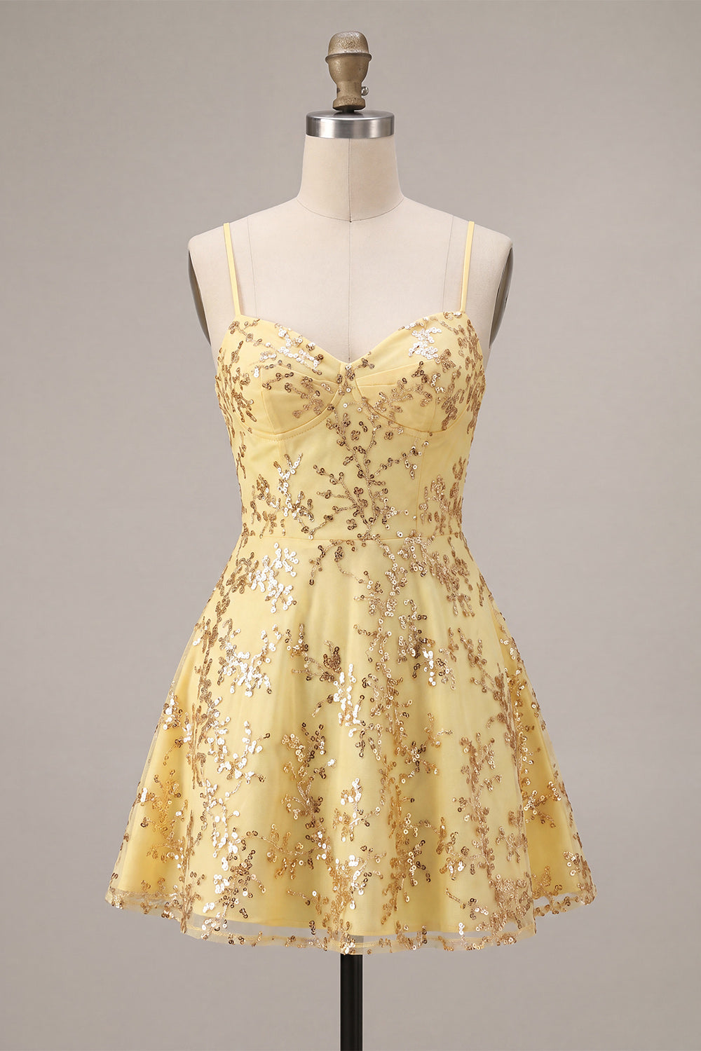 Sparkly Yellow Spaghetti Straps Sequin A-Line Short Homecoming Dress