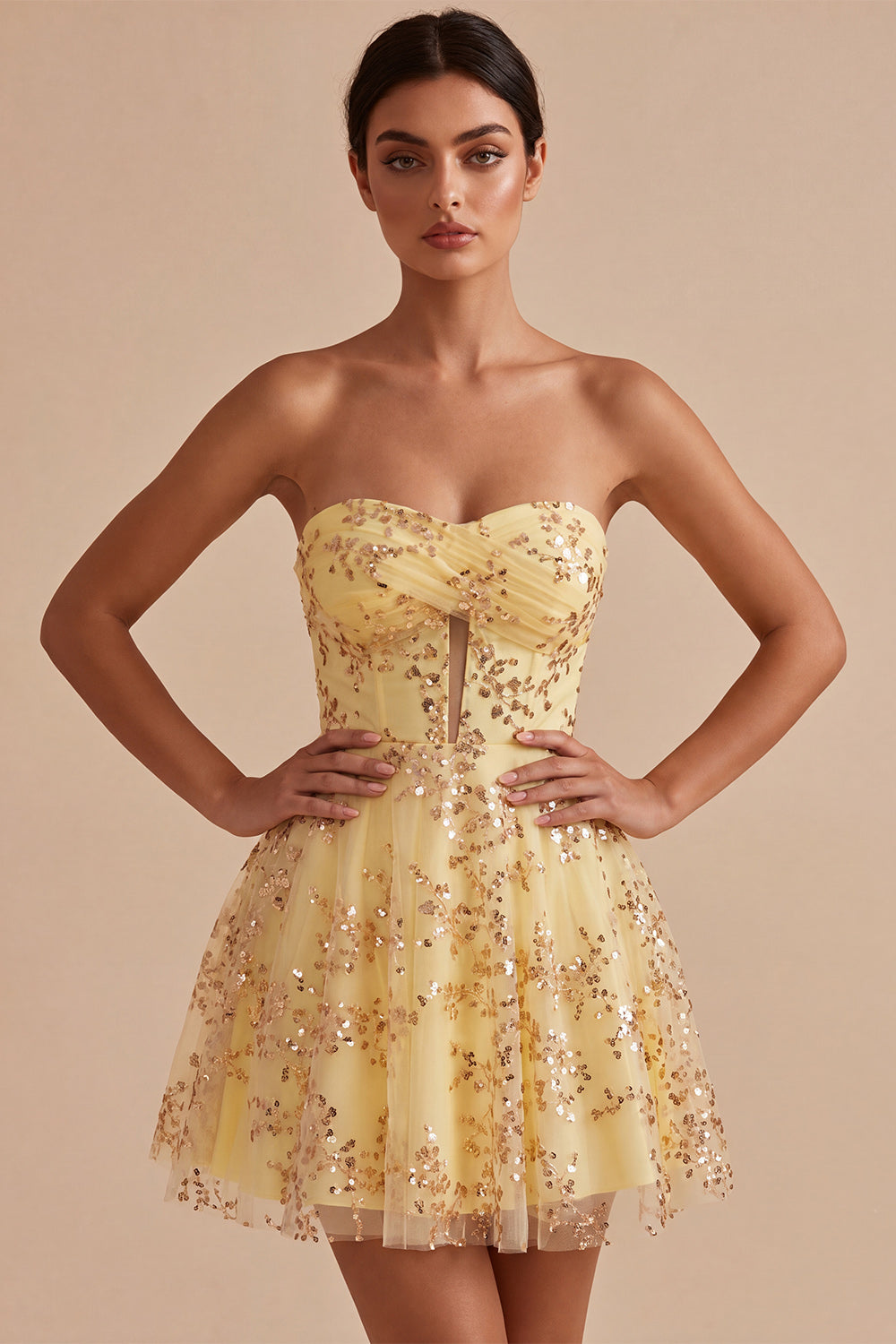 Corset Yellow Sparkly A-Line Sequin Short Homecoming Dress