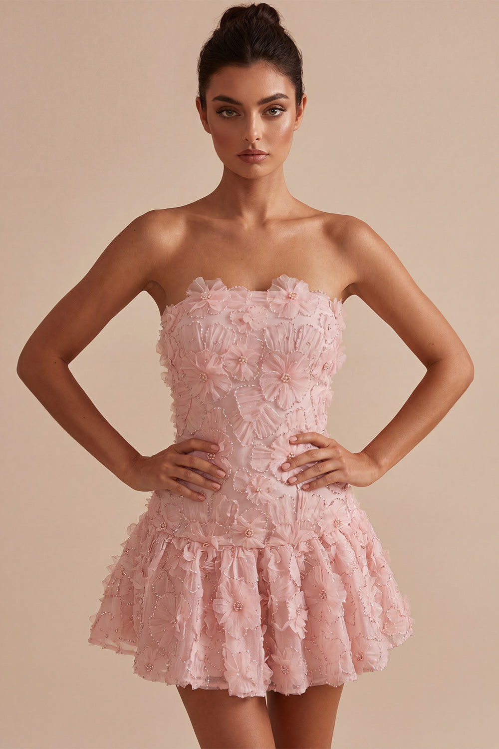 Beaded Floral Pink A-Line Short Homecoming Dress