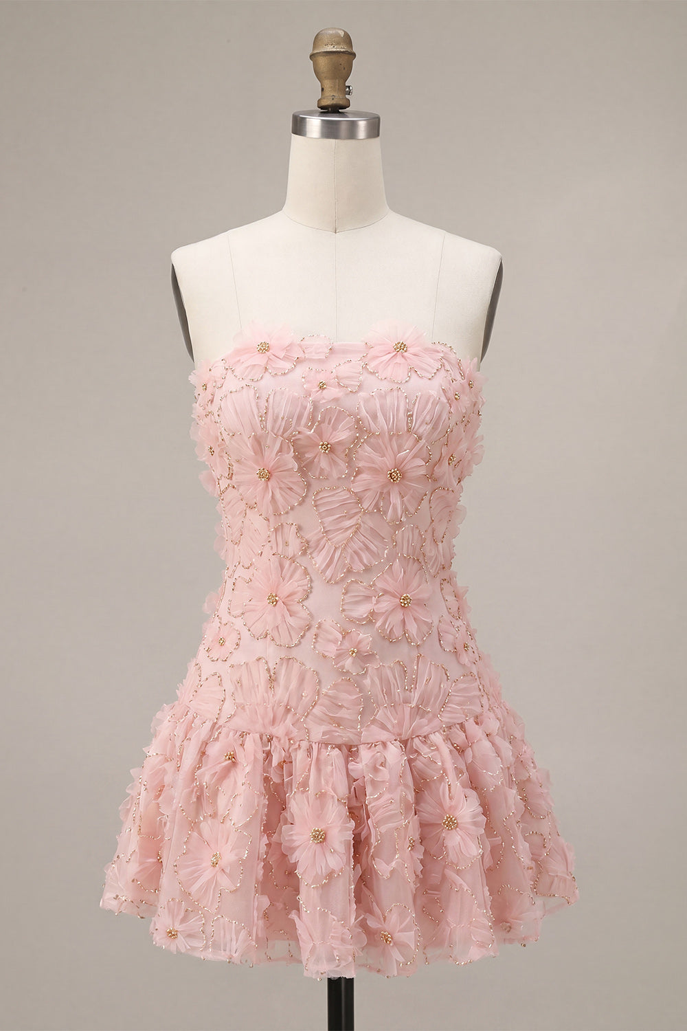 Beaded Floral Pink A-Line Short Homecoming Dress