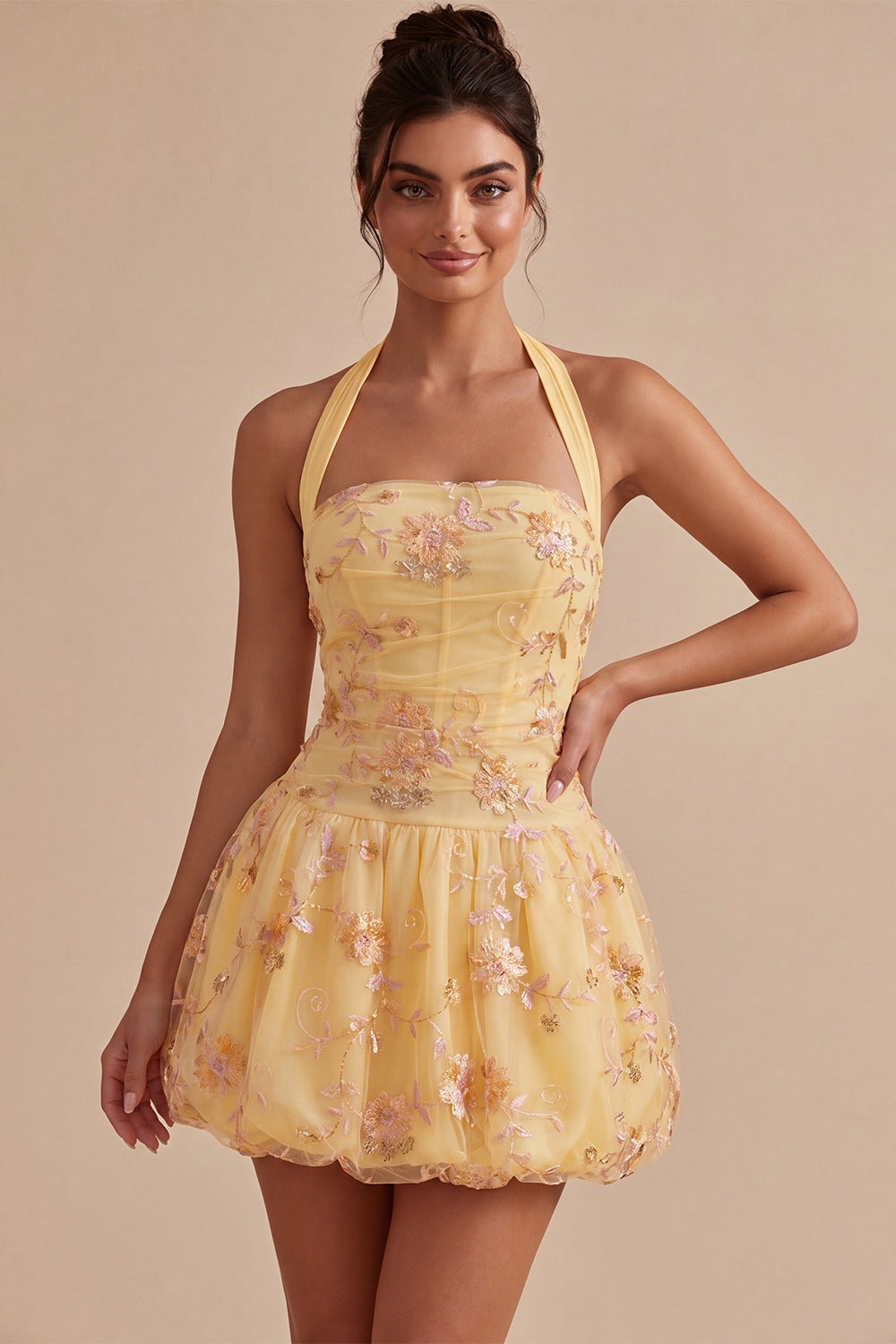 A-Line Floral Yellow Halter Short Corset Homecoming Dress