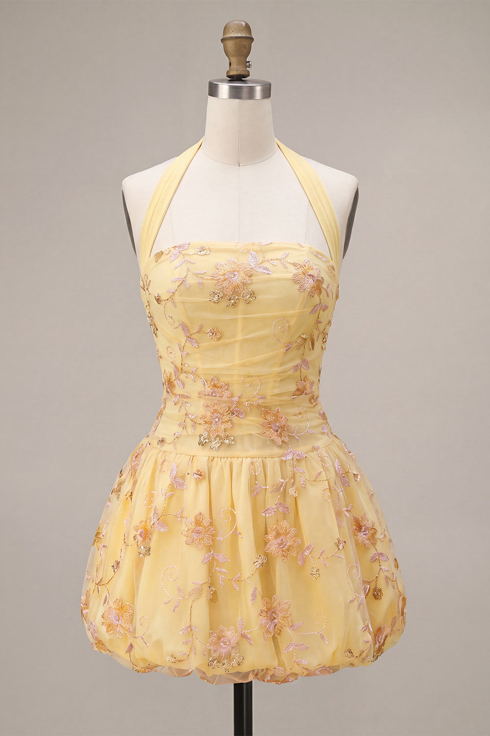A-Line Floral Yellow Halter Short Corset Homecoming Dress