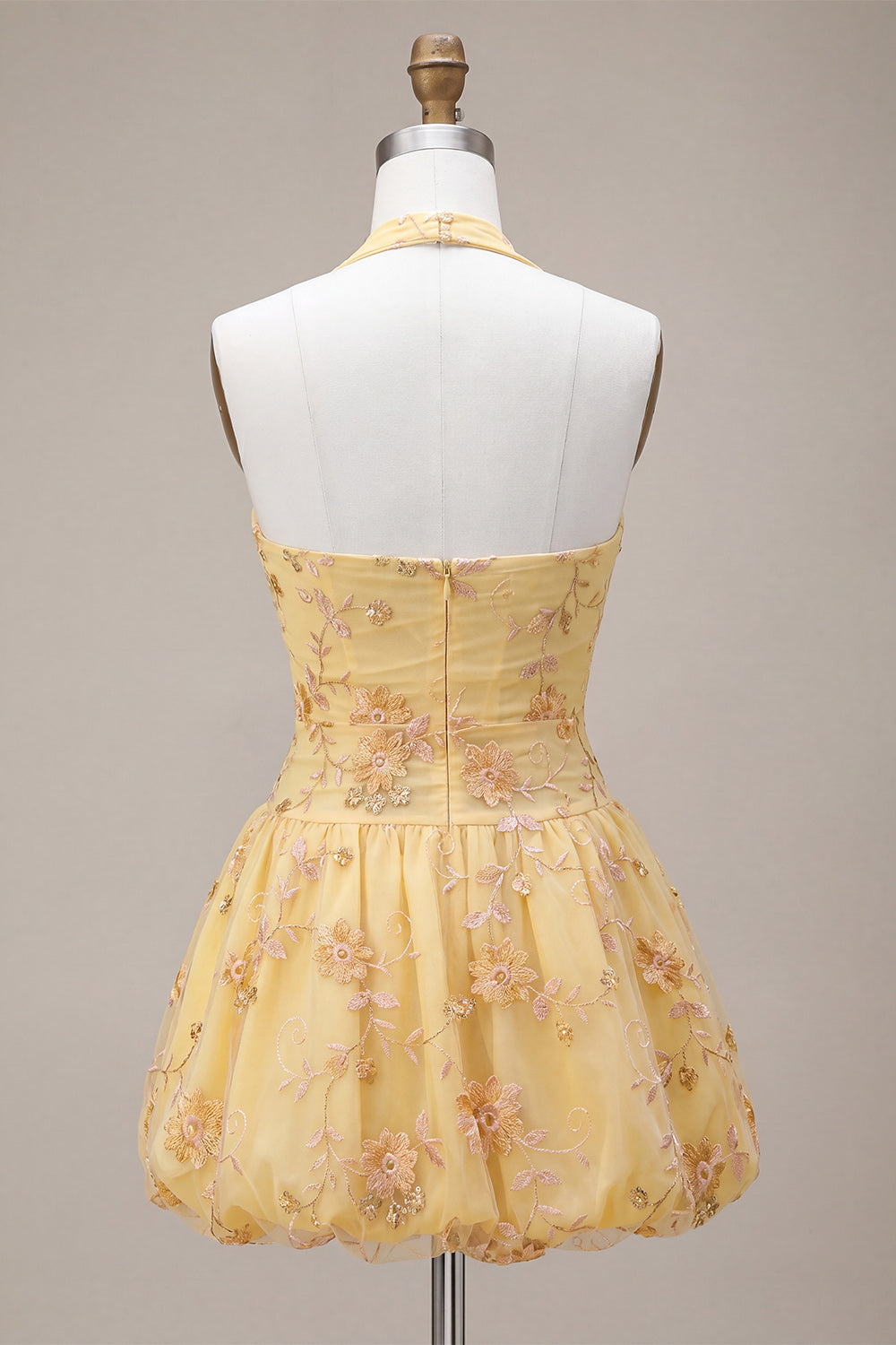 A-Line Floral Yellow Halter Short Corset Homecoming Dress