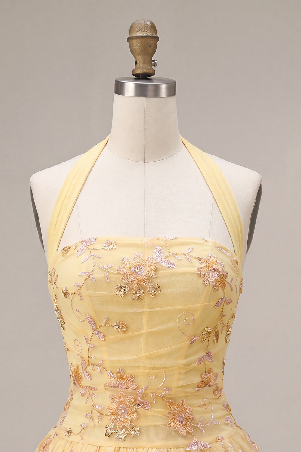 A-Line Floral Yellow Halter Short Corset Homecoming Dress
