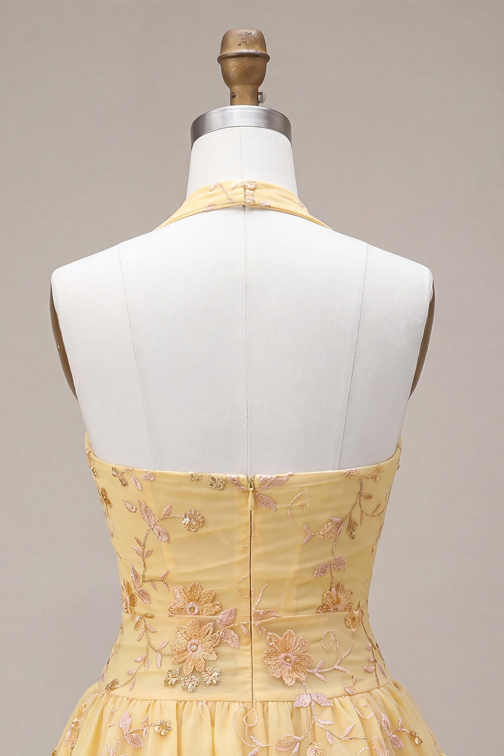 A-Line Floral Yellow Halter Short Corset Homecoming Dress