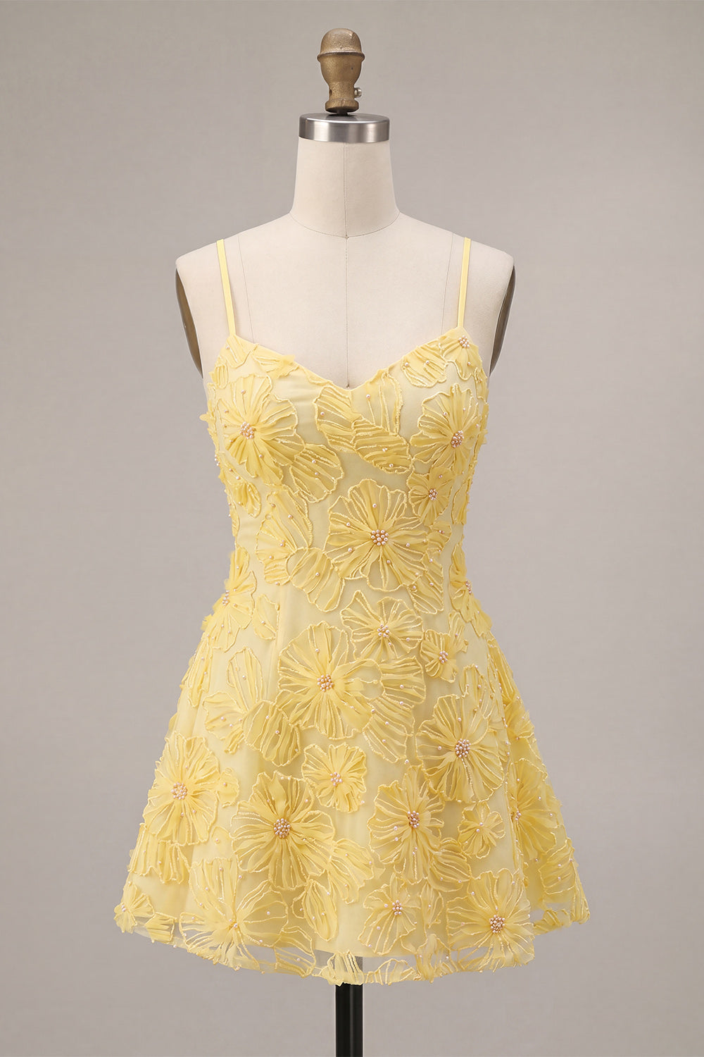  Beaded Floral Yellow A-Line Short Homecoming Dress