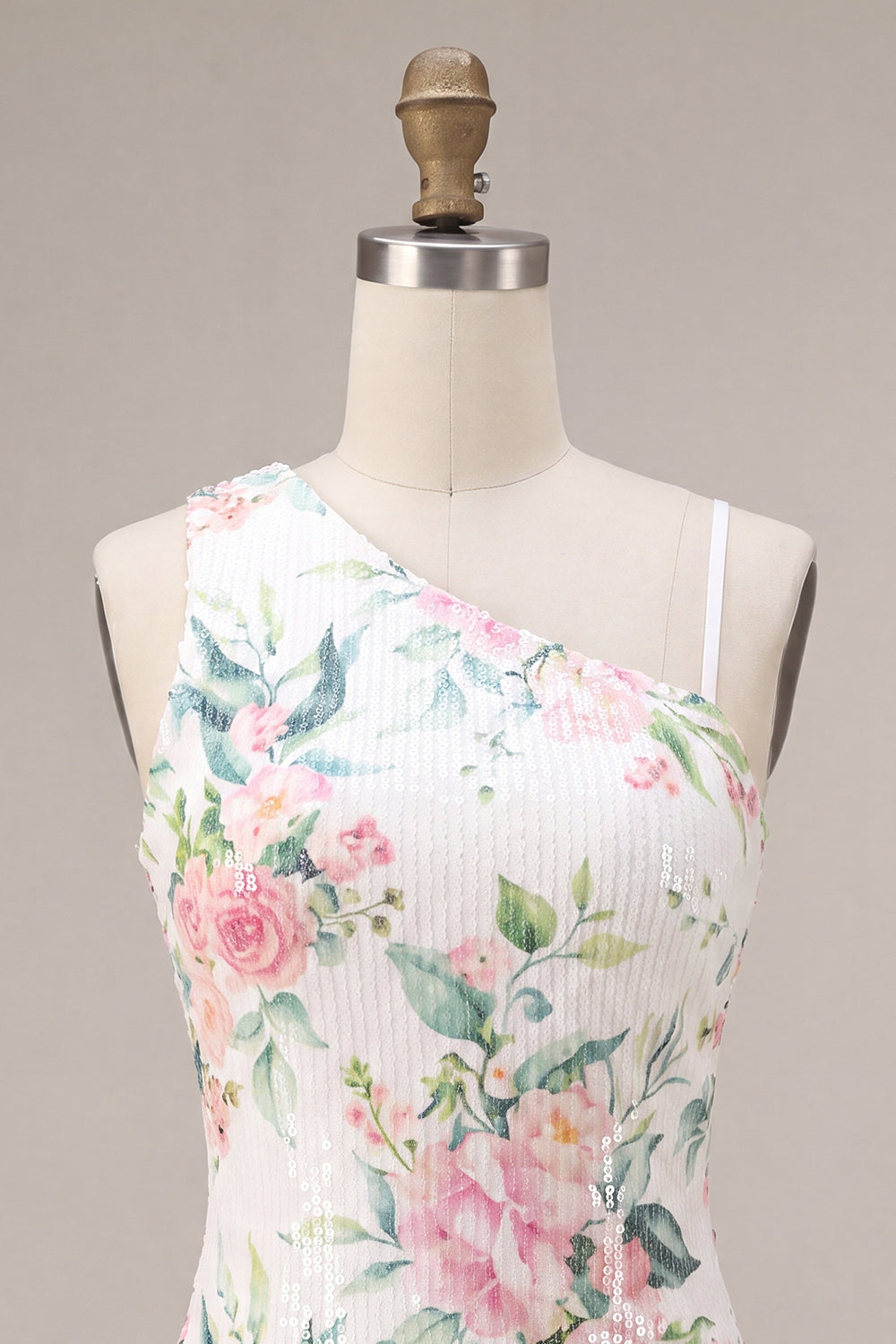 White Pink Flower Sequin Asymmetrical Neck Tight Short Homecoming Dress