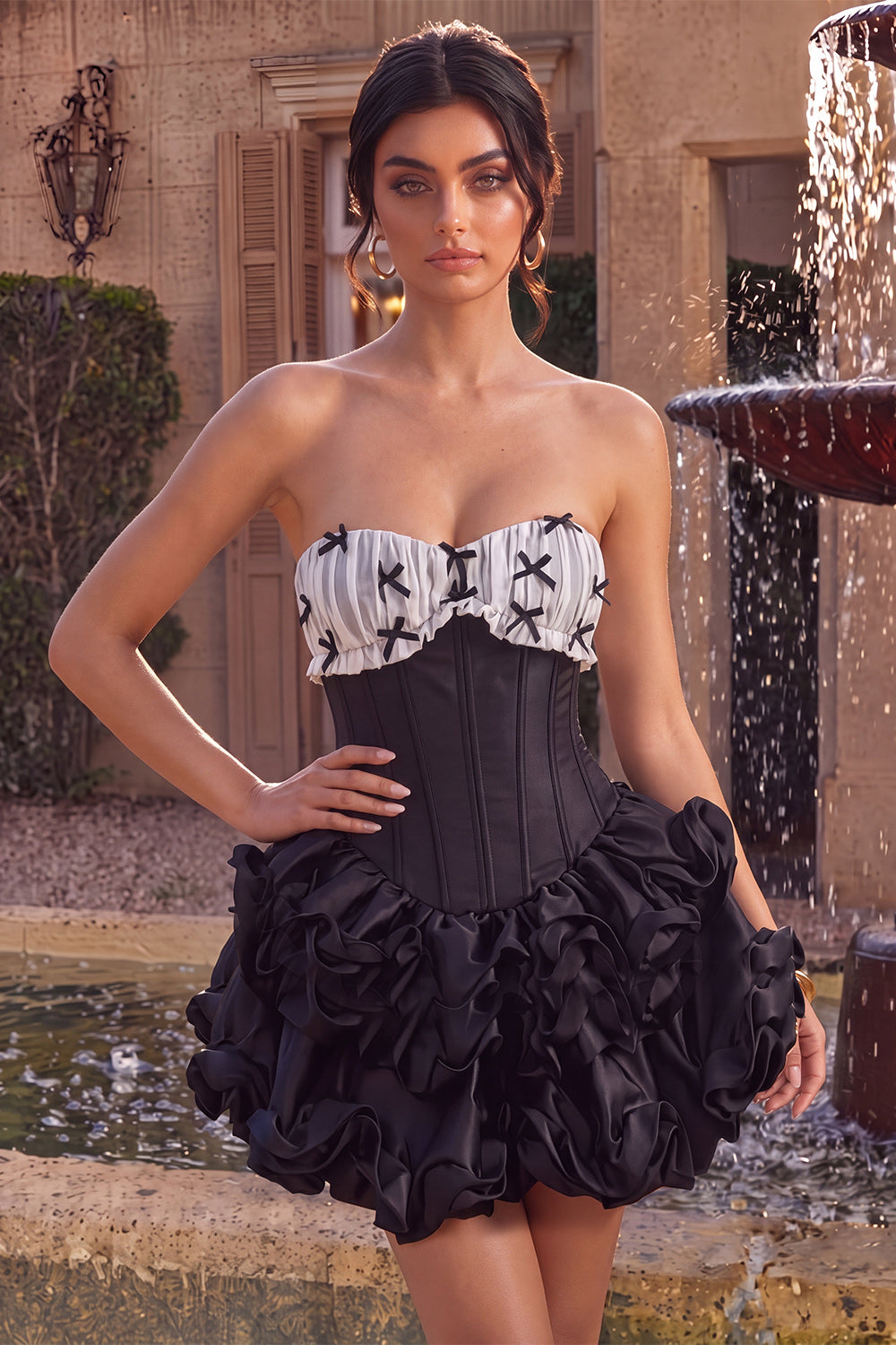 Black Strapless Ruffled A Line Short Corset Homecoming Dress with Bow
