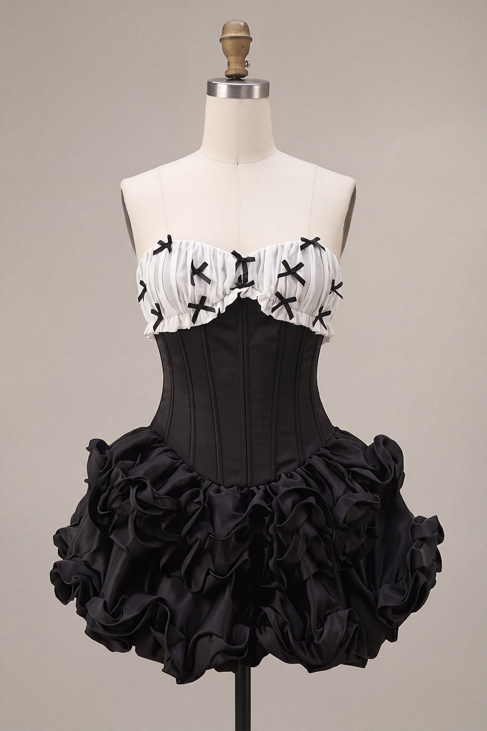 Black Strapless Ruffled A Line Short Corset Homecoming Dress with Bow