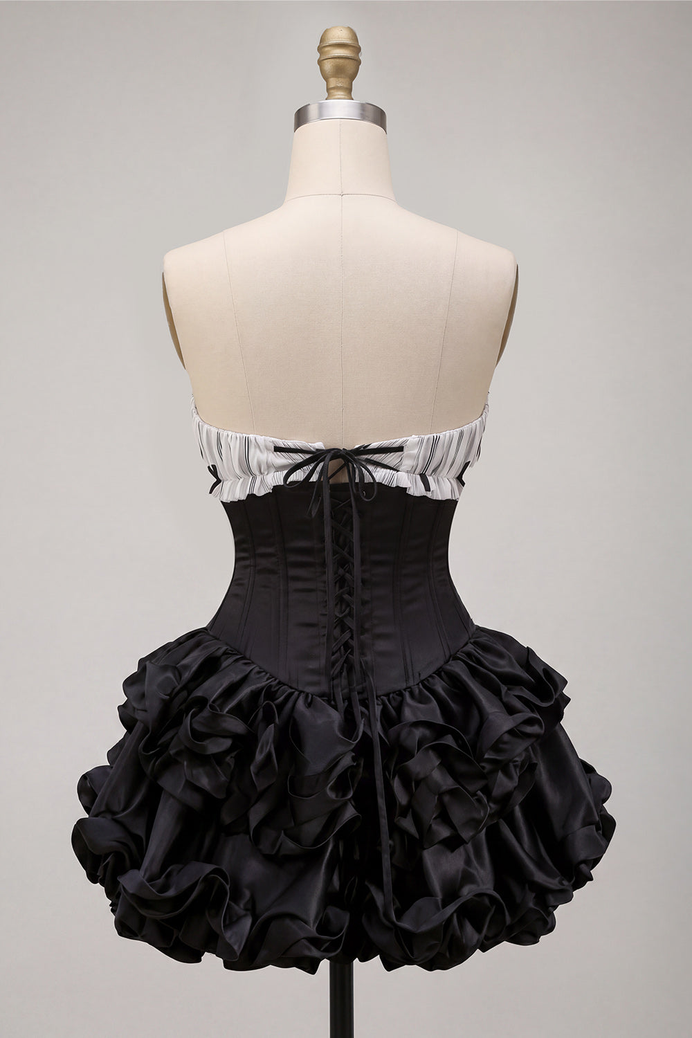 Black Strapless Ruffled A Line Short Corset Homecoming Dress with Bow