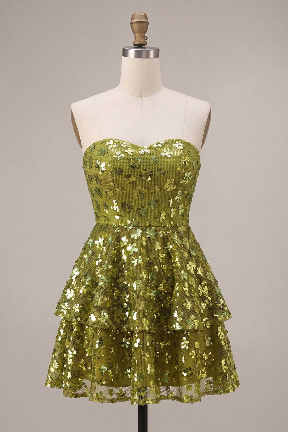 Sparkly Olive Sweetheart Floral Sequin A Line Ruffled Short Homecoming Dress