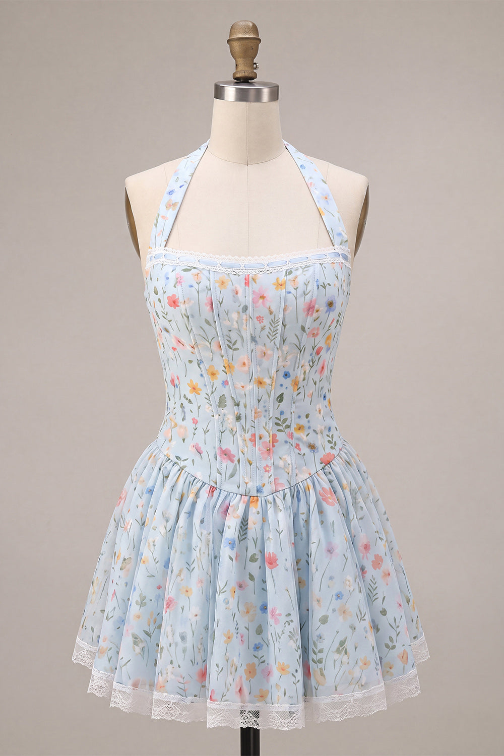 Sky Blue Floral A Line Halter Short Corset Homecoming Dress with Lace