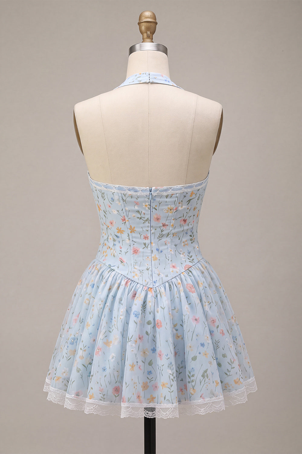 Sky Blue Floral A Line Halter Short Corset Homecoming Dress with Lace