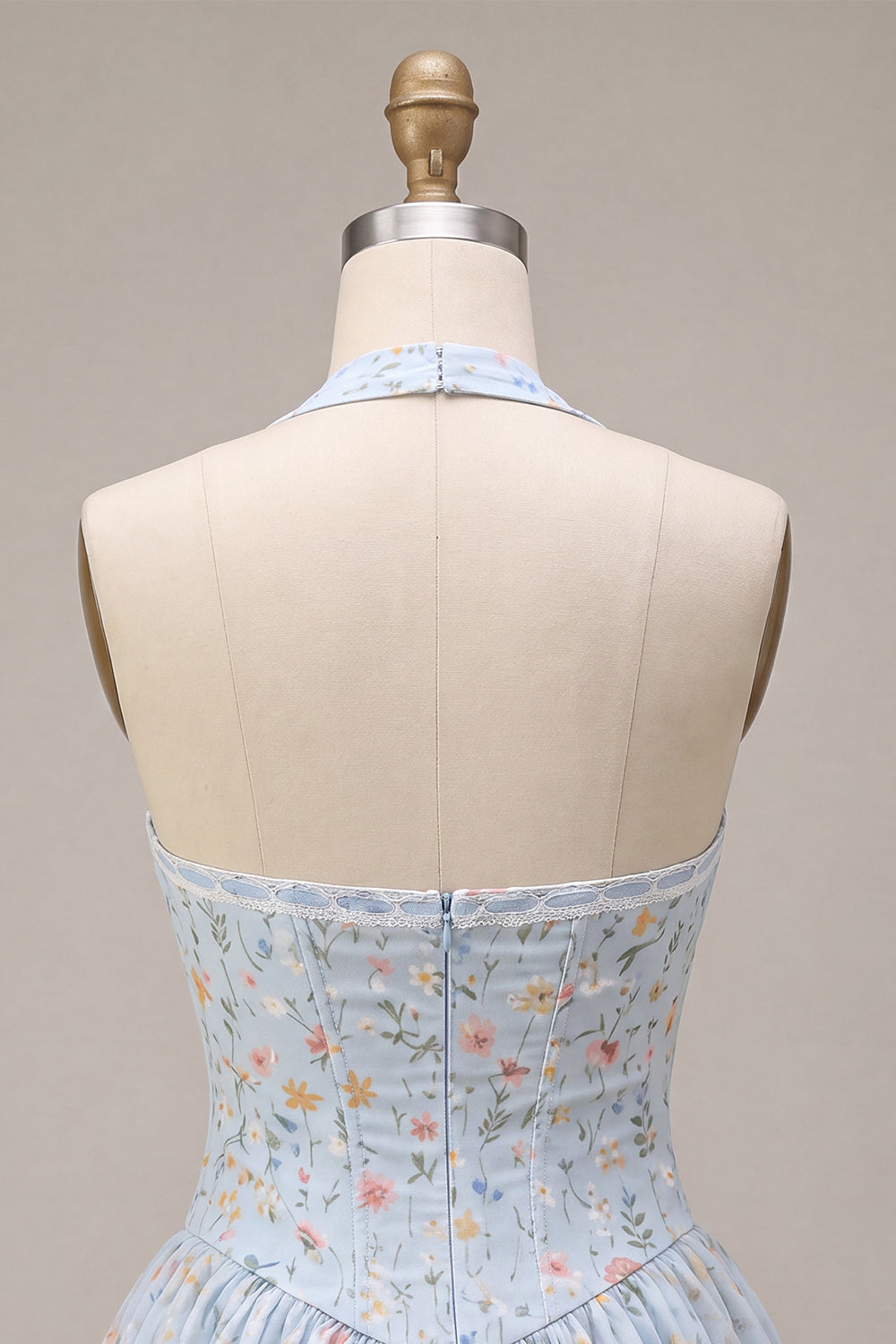 Sky Blue Floral A Line Halter Short Corset Homecoming Dress with Lace