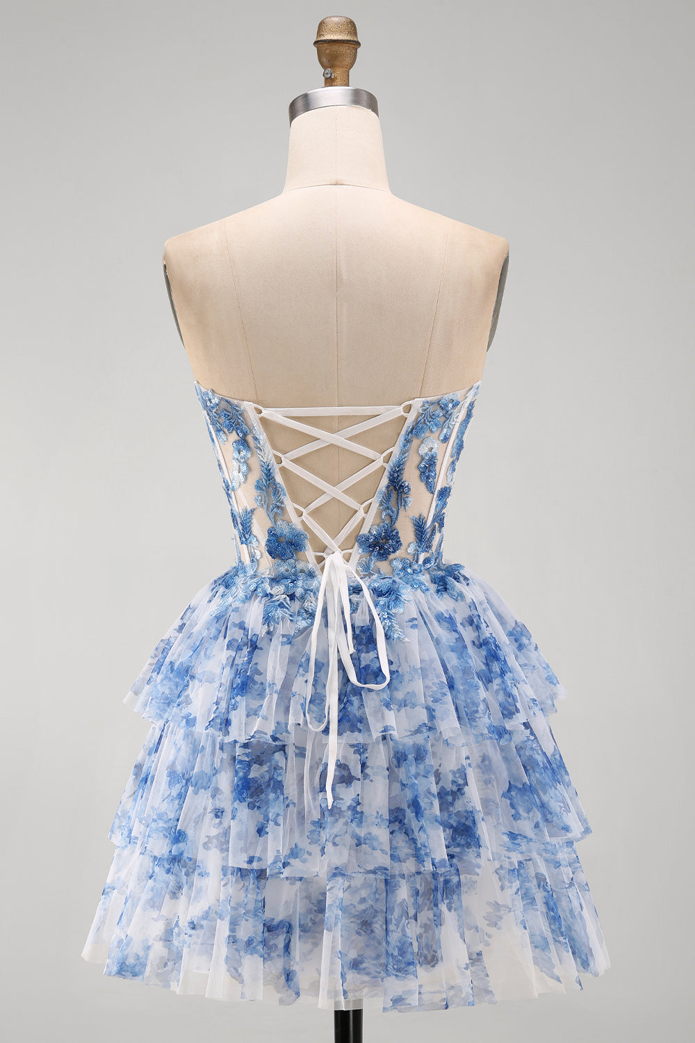 White Blue Flower Corset Strapless Tiered Ruffled Short Birthday Dress