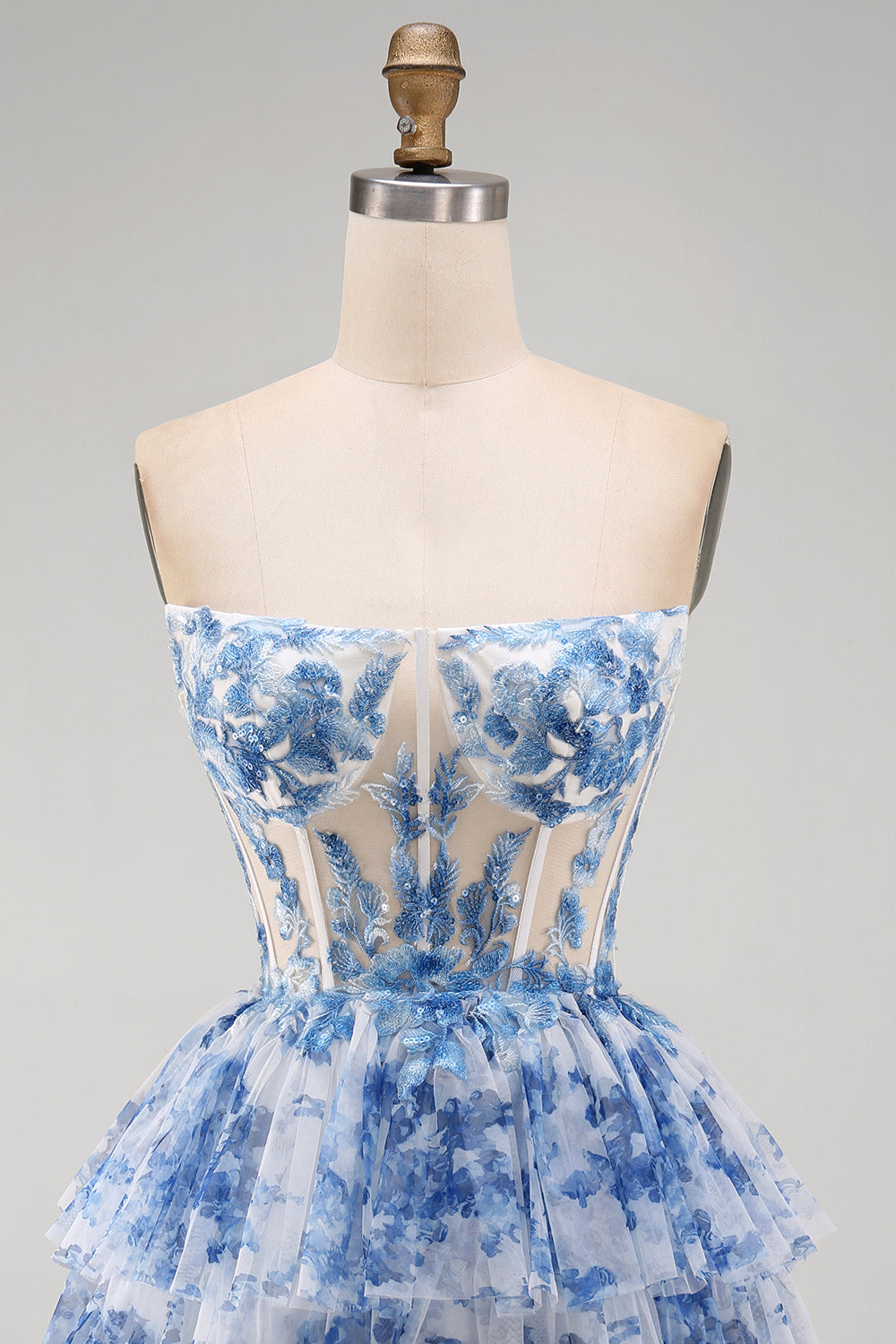 White Blue Flower Corset Strapless Tiered Ruffled Short Birthday Dress
