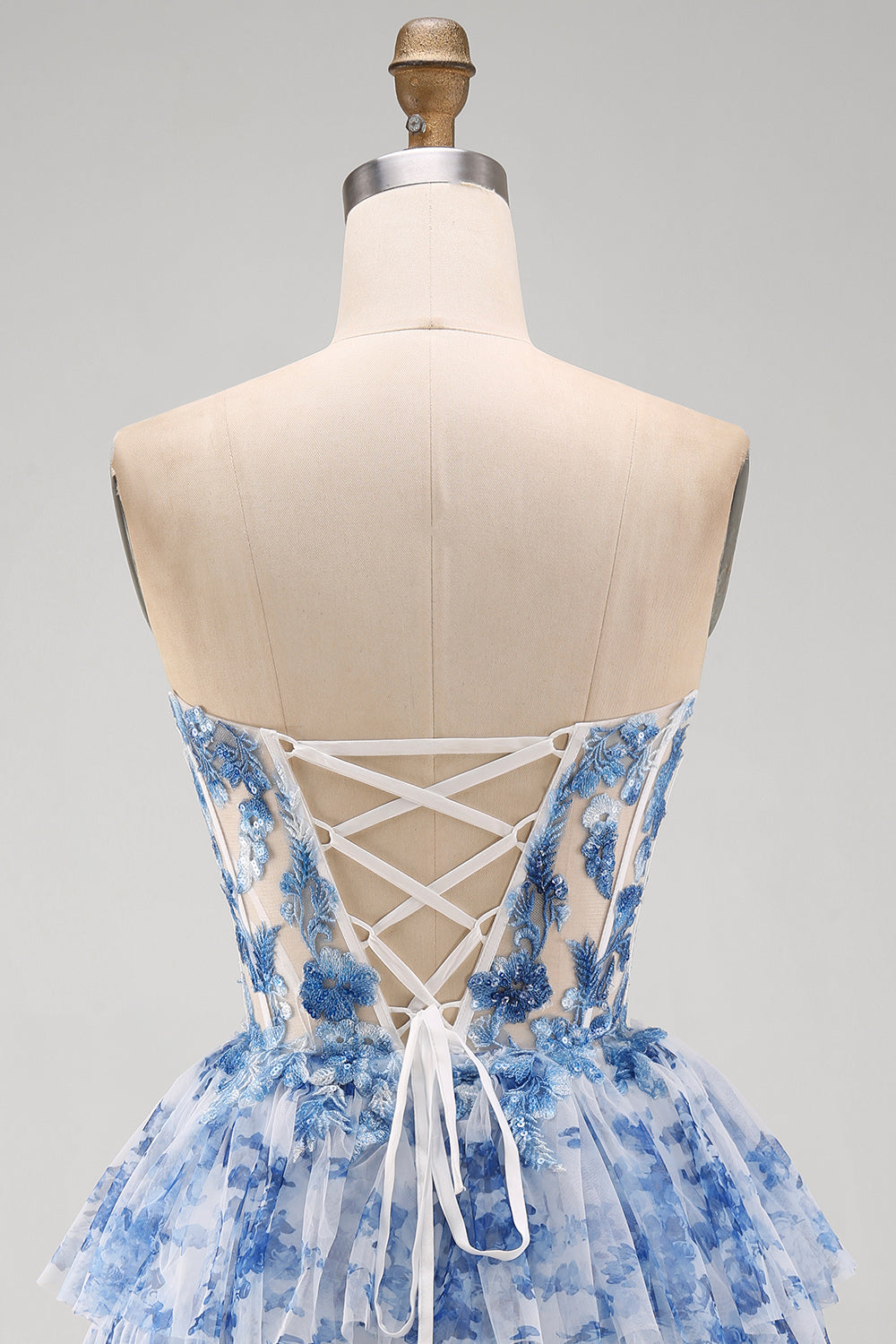 White Blue Flower Corset Strapless Tiered Ruffled Short Birthday Dress
