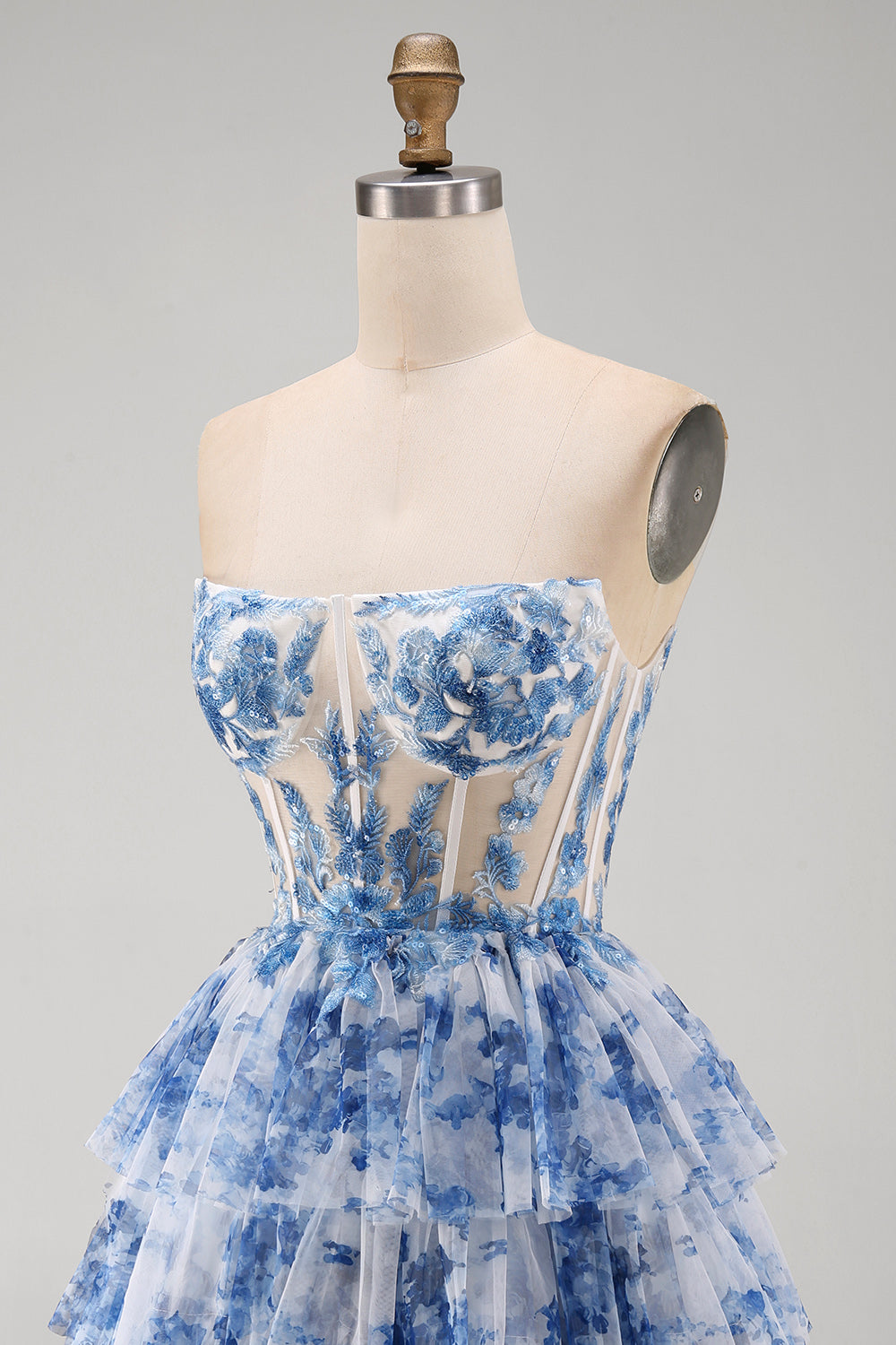 White Blue Flower Corset Strapless Tiered Ruffled Short Birthday Dress