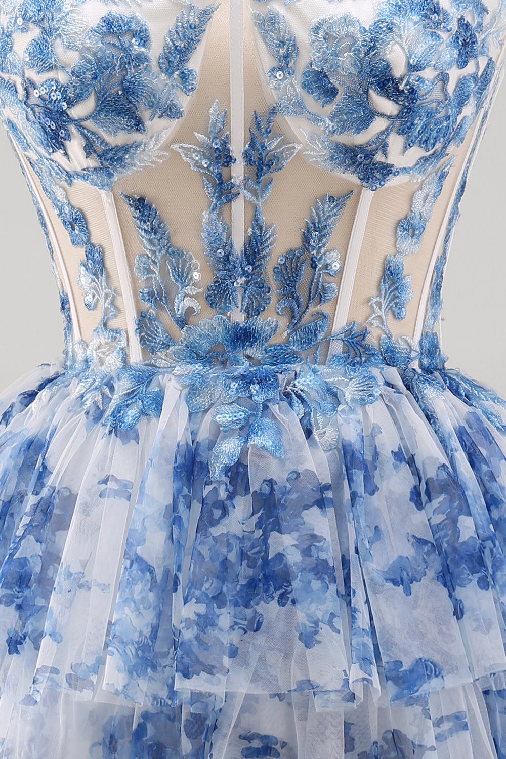 White Blue Flower Corset Strapless Tiered Ruffled Short Birthday Dress