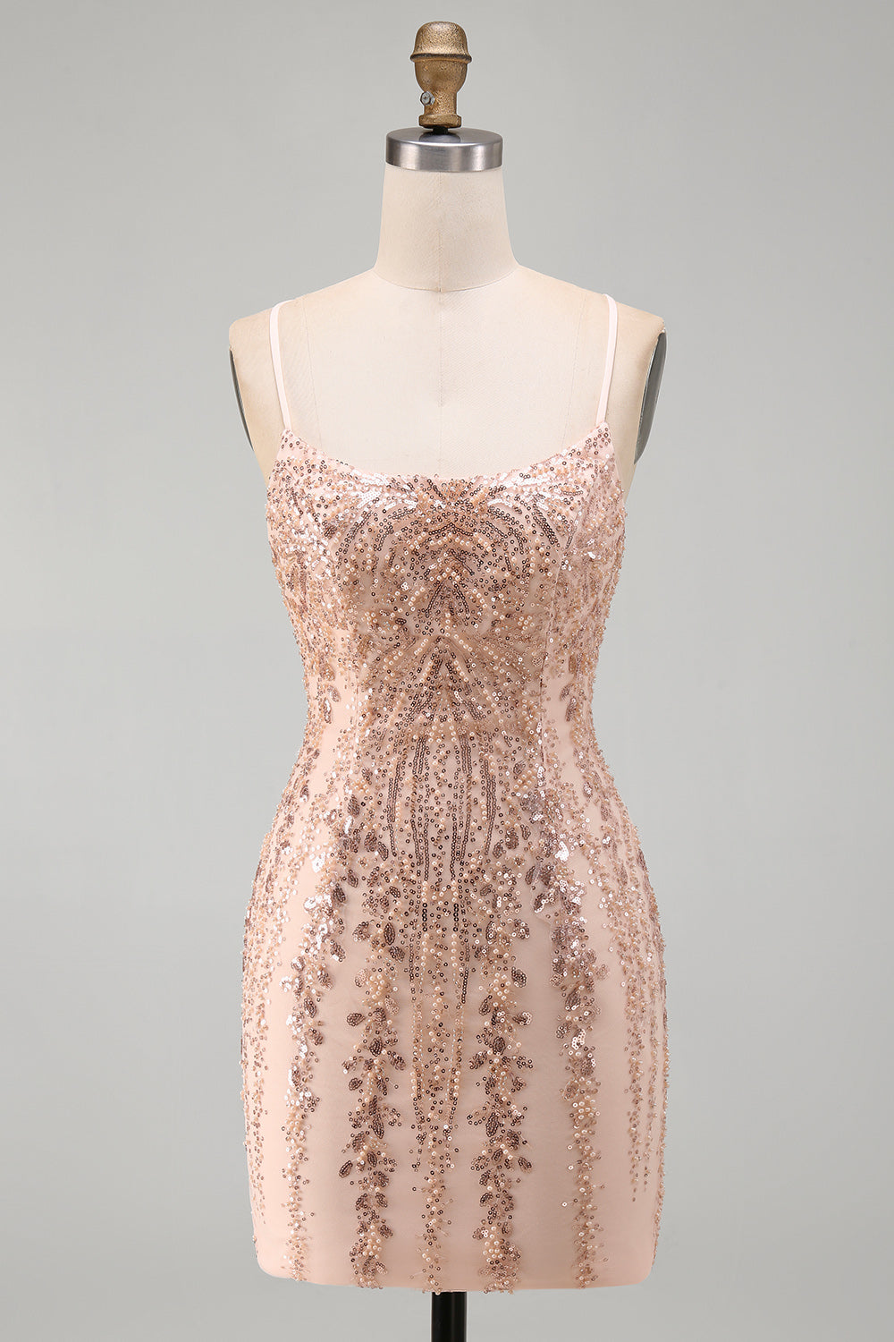 Sparkly Champagne Tight Scoop Neck Sequins Beaded Short Birthday Dress