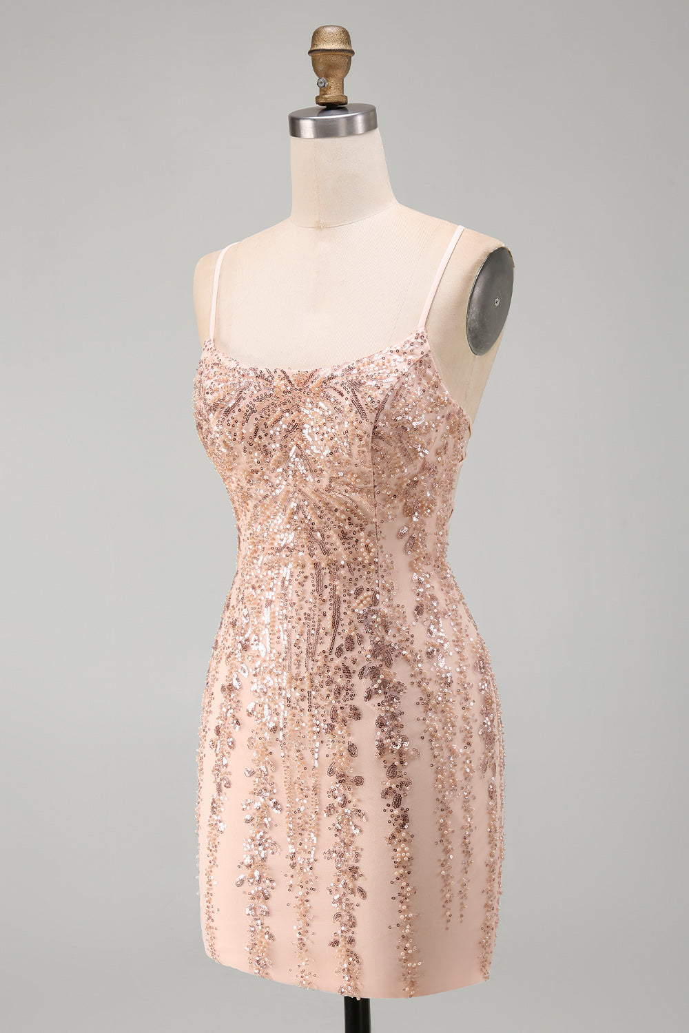 Sparkly Champagne Tight Scoop Neck Sequins Beaded Short Birthday Dress
