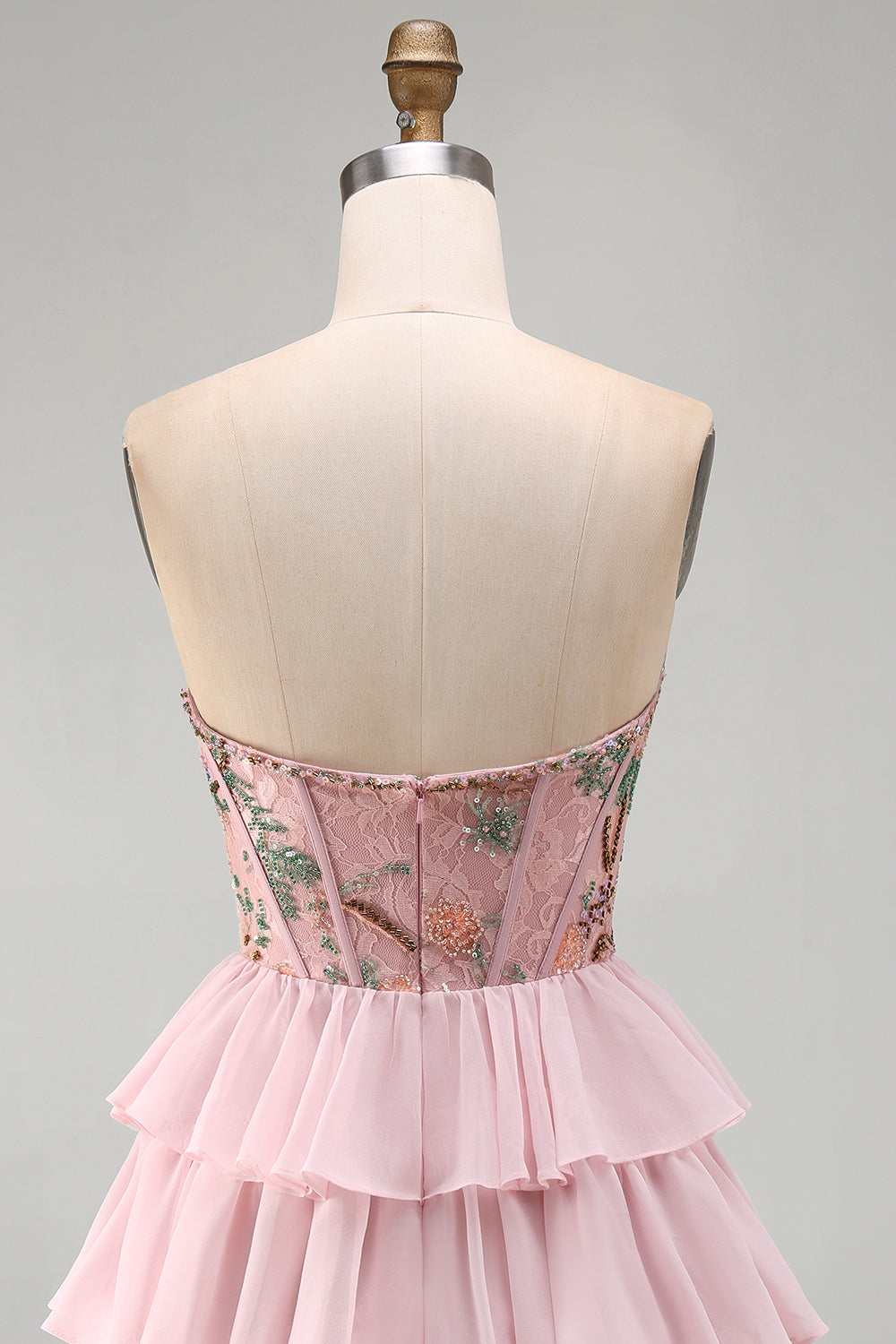 Pink A-Line Sweetheart Floral Tiered Ruffled Short Corset Birthday Dress
