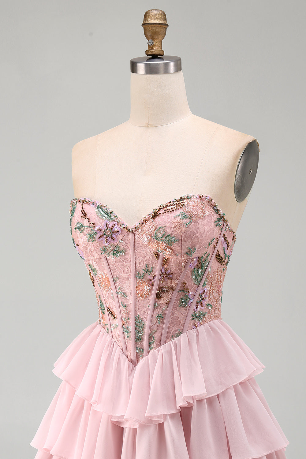 Pink A-Line Sweetheart Floral Tiered Ruffled Short Corset Birthday Dress