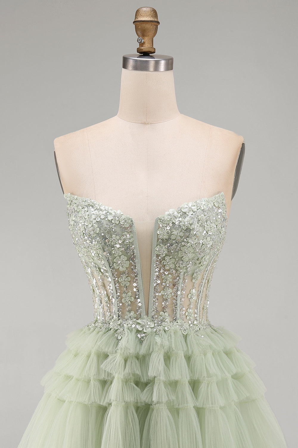 Dusty Sage Floral A-Line Ruffled Short Corset Birthday Dress