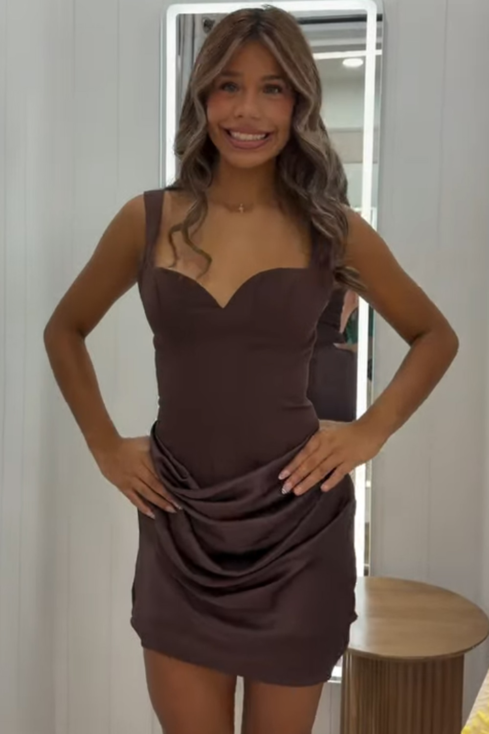 Coffee Satin Bodycon Short Homecoming Dress Thick Straps Ruched Cocktail Dress